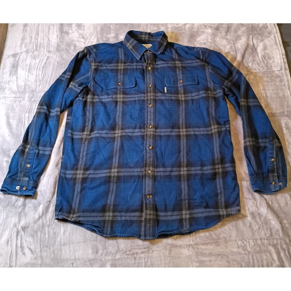 Carhartt Mens XL Tall Blue Plaid Flannel Shirt Hubbard Cotton Workwear 100139